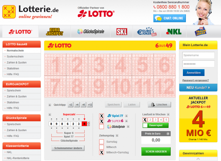 Lotterie.de Spielauswahl
